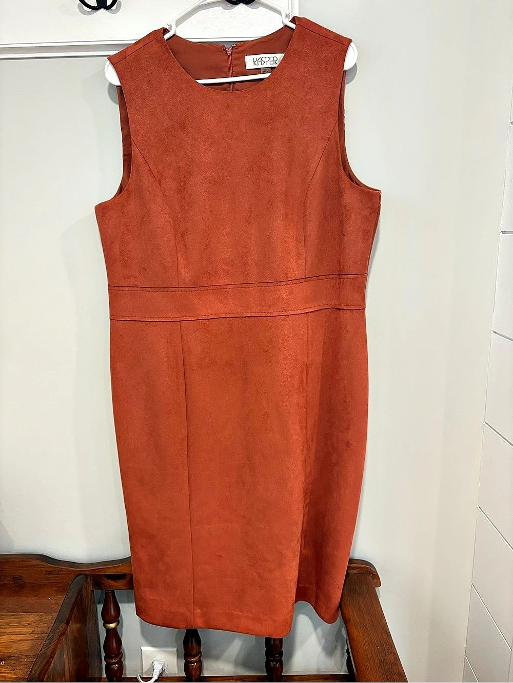 Kasper Crewneck Faux Suede Sleeveless Sheath Dress Burnt Orange Size 16